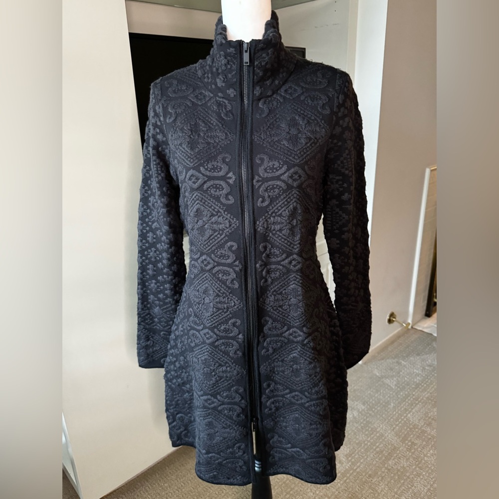 Icelandic Designs Black Textured Knit Zip Front Jacket Coat Longline Size M